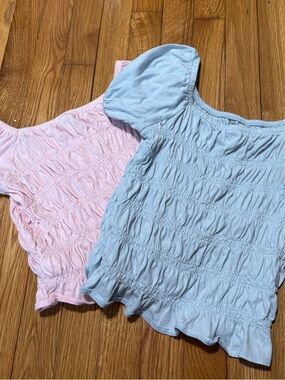 Old Navy Girls Smocked Puff-Sleeve Tops in Pink and Light Blue